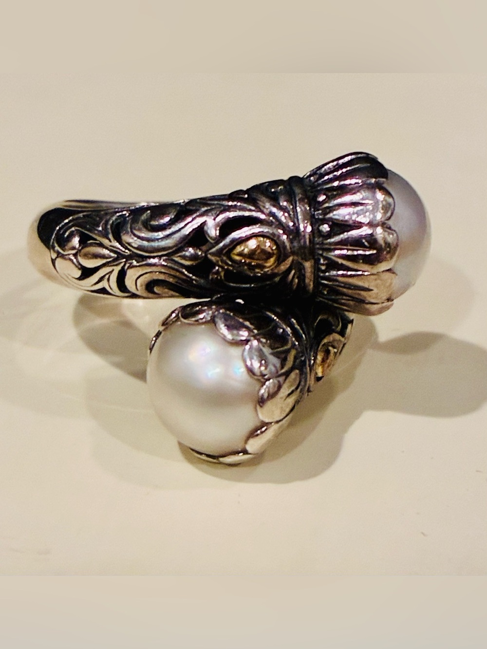 Robert Manse Bali 925 Sterling Silver 18K Gold Twin Pearl Bypass Ring Sz 7
